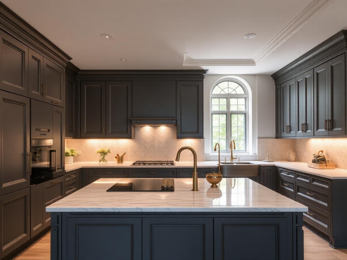 Finished modular kitchen with island and brass fittings