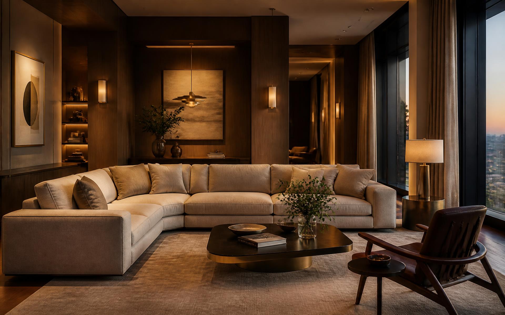 Warmly lit luxury living room interior with oak paneling and brass accents